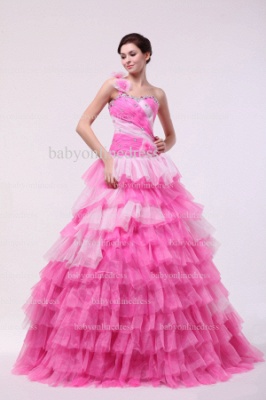 Affordable Dresses For Quinceanera Pink 2021 Wholesale One Shoulder Flowers Beaded Organza Layered Gowns For Sale BO0846_1