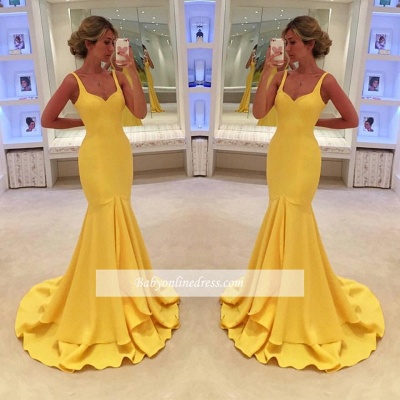 Simple Yellow Mermaid Tiered Spaghetti-Straps 2021 Prom Dress_1