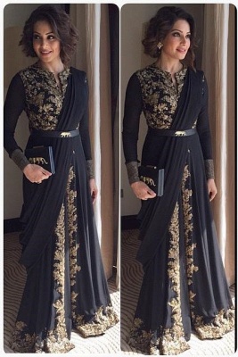 Long Sleeves Arabic Evening Gowns 2021 Gold Appliques Black Muslim Indian Dresses_1