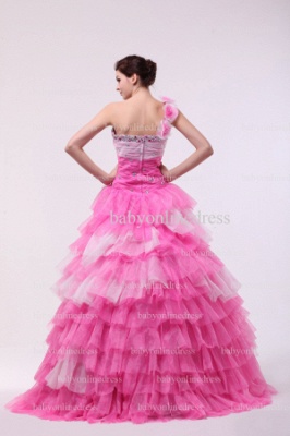 Affordable Dresses For Quinceanera Pink 2021 Wholesale One Shoulder Flowers Beaded Organza Layered Gowns For Sale BO0846_4