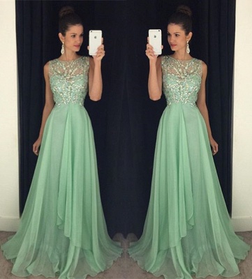 2021 Chiffon Long Prom Dresses Mint Green Crystals Hollow Open Back Junior Evening Dresses_3