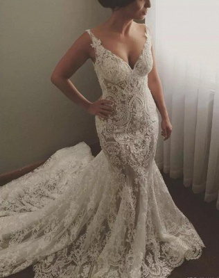 Geogrous Lace Mermaid Wedding Dresses | V-Neck Straps Long Bridal Gowns_3