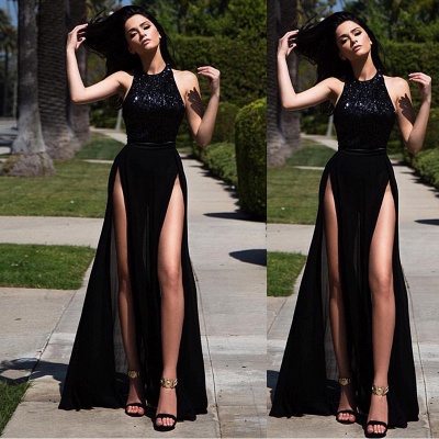 2021 Black Long Prom Dresses Thigh-High Slits Sexy Summer Party Gowns_3