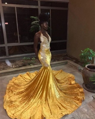 Shiny Yellow Mermaid Prom Dresses | Sexy V-Neck Appliques Evening Gowns BC0662_2