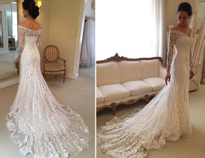 Off-the-shoulder Wedding Dresses | V-neck Long Sleeves Lace Bridal Gowns_3