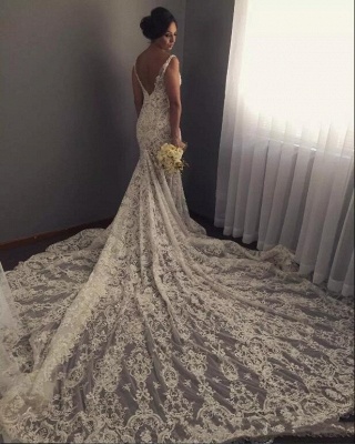 Geogrous Lace Mermaid Wedding Dresses | V-Neck Straps Long Bridal Gowns_4