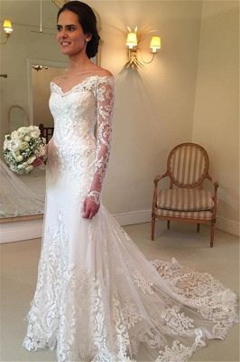 Off-the-shoulder Wedding Dresses | V-neck Long Sleeves Lace Bridal Gowns_2