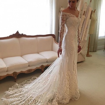 Off-the-shoulder Wedding Dresses | V-neck Long Sleeves Lace Bridal Gowns_4