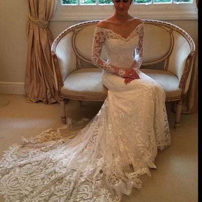 Off-the-shoulder Wedding Dresses | V-neck Long Sleeves Lace Bridal Gowns_5