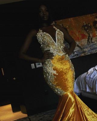Shiny Yellow Mermaid Prom Dresses | Sexy V-Neck Appliques Evening Gowns BC0662_4