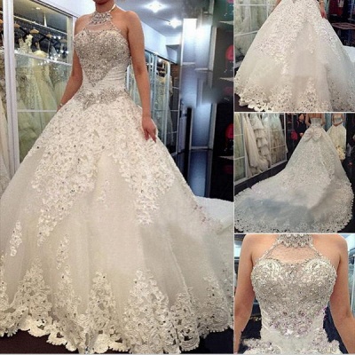 Chapel Train Halter Lace Bridal Gowns Lace-Up Bowknot Wedding Dresses with Beaings_3