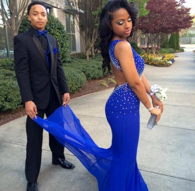 2021 Royal Blue Mermaid Prom Dresses Open Back Beaded Ruffles Train Long Sexy Evening Gowns_2