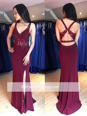 Side-Slit Lace-Appliques Prom Gowns | Elegant Mermaid Burgundy Prom Dresses_3