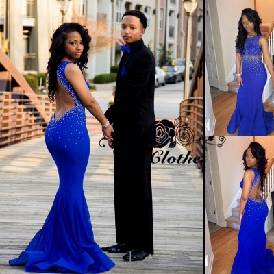 2021 Royal Blue Mermaid Prom Dresses Open Back Beaded Ruffles Train Long Sexy Evening Gowns_4