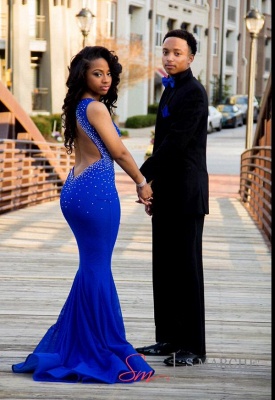 2021 Royal Blue Mermaid Prom Dresses Open Back Beaded Ruffles Train Long Sexy Evening Gowns_3