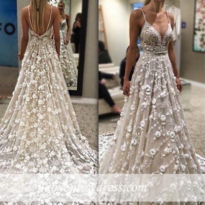 Gorgeous Sexy Spaghetti-Straps Bridal Gowns Flowers Backless Wedding Dresses_1