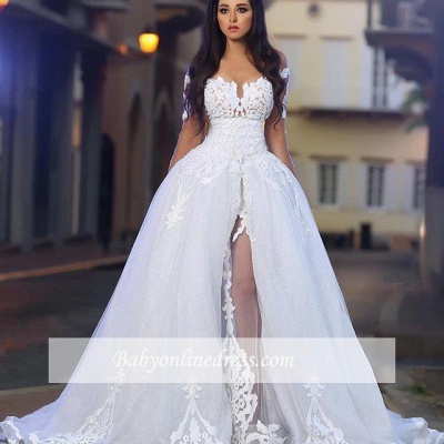 Long Sleeves A-Line Appliques White Elegant Wedding Dresses with Overskirt_1