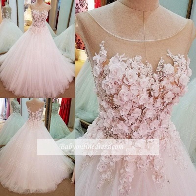 Cap Sleeves Flowers Lace-Up Ball-Gown Luxury Wedding Dresses_1