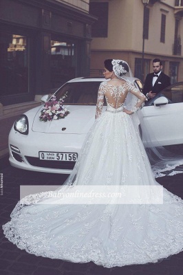 Gorgeous Tulle Appliques Wedding Dress Long-Sleeves Bridal Ball Gowns_1