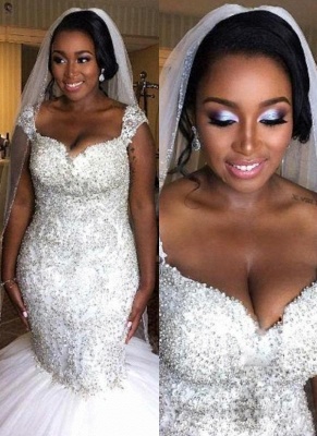 Luxury Beading Mermaid Wedding Dresses | Capped Sleeves Ruffles Skirt Bridal Gowns_1