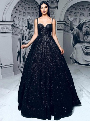 Elegant Black A-Line Evening Dresses | Spaghetti Straps Sequins Evening Dresses_2