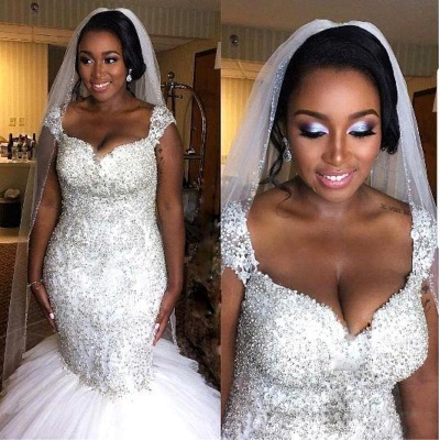 Luxury Beading Mermaid Wedding Dresses | Capped Sleeves Ruffles Skirt Bridal Gowns_3