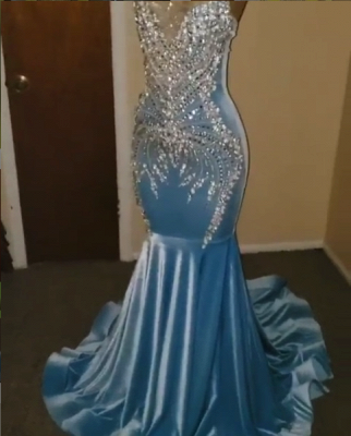 Elegant Sky Blue Mermaid Prom Dresses | Halter Neck Bead Evening Gowns BC1408_2