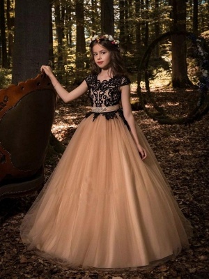 Gothic Ball Gown Flower Girl Dresses | Scoop Cap Sleeves Lace Tulle Pageant Dresses_1
