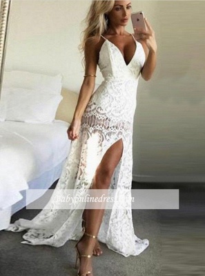 Gorgeous Lace White Sleeveless Prom Dress | Side-Slit Mermaid Prom Dresses_1