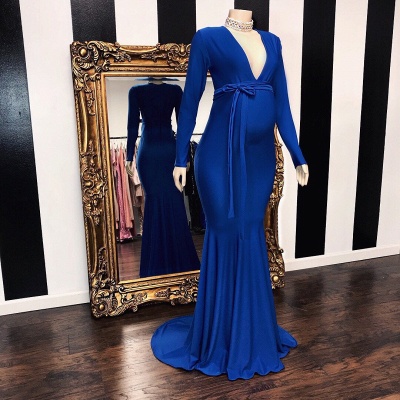 Elegant Long Sleeve Royal Blue Floor Length Baby Shower Prom Dresses_2