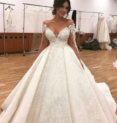 Sexy Bridal A-line Deep V-Neck Lace Appliques Ball Gown Wedding Dresses_3
