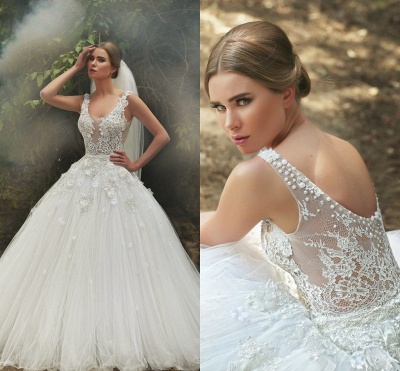 2021 Lace Ball Gown Wedding Dresses Scoop Neck Applique Beaded Handmade Flowers Tulle Bridal Gowns_3