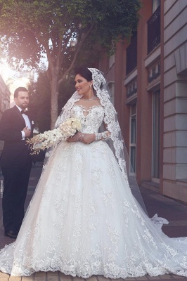 Gorgeous Tulle Appliques Wedding Dress Long-Sleeves Bridal Ball Gowns_2