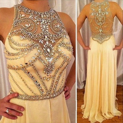 2021 Yellow Chiffon Prom Dresses Crystals Beaded Long Luxury Evening Gowns_3