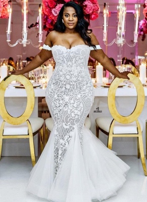 Modest Plus Size Wedding Dresses | Off-the-Shoulder Mermaid Bridal Gowns_1