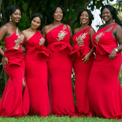 One-Shoulder Red Bridesmaid Dresses Plus Size Mermaid Wedding Party Dress_3