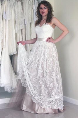 Simple Sweetheart strapless A-line Sleeveless Lace Sash Wedding Dress_2