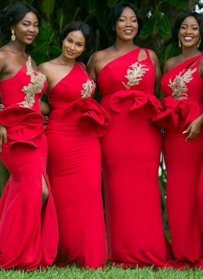 One-Shoulder Red Bridesmaid Dresses Plus Size Mermaid Wedding Party Dress_1