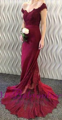 2021 Burgundy Lace Appliques Long Off-the-Shoulder Mermaid Prom Dresses LY86_3