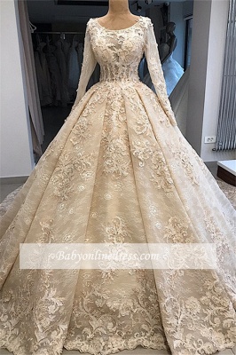 Ball-Gown Scoop Excellent Appliques Long-Sleeves Wedding Dresses_4