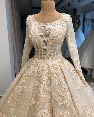 Ball-Gown Scoop Excellent Appliques Long-Sleeves Wedding Dresses_1