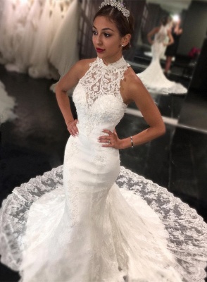 Elegant Lace Mermaid Wedding Dress | High Neck Sleeveless Bridal Gowns_2