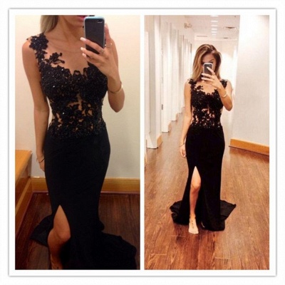 2021 Black Mermaid Evening Gowns Lace Beaded Top Side Slit Long Formal Women's Party Dresses_3