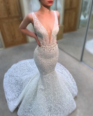 Luxury Lace Mermaid Wedding Dresses | V-Neck Sleeveless Beaded See-Through Bridal Gowns_1