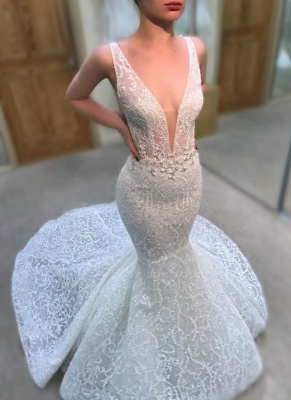 Luxury Lace Mermaid Wedding Dresses | V-Neck Sleeveless Beaded See-Through Bridal Gowns_3