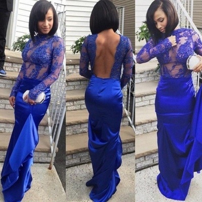 Sexy Long Lace Royal Blue Prom Dresses 2021 Backless with Sleeves_3