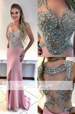 Split Sleeveless Glamorous Crystal Prom Dress_3