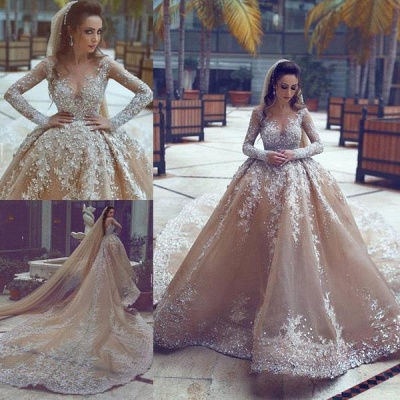 Backless Lace Appliques  Beading Cathedral Ball Gown Wedding Dresses with Long Sleeves_4