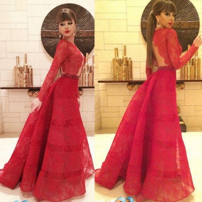 Sexy Red Lace Long Sleeve Evening Dress 2021 Open Back On Sale_3