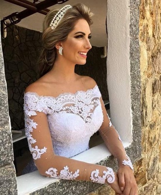 Long-Sleeve Princess Button Lace Zipper Wedding Dresses_4